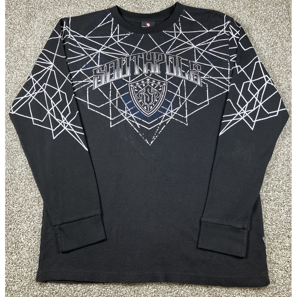 Southpole Thermal Waffle Knit Shirt Crewneck Size XL Black Graphic‎ Print